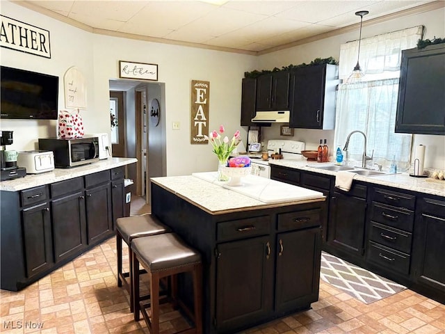1324 N 4th St, Toronto, OH 43964 - kitchen with electric stove, brick patterned floors, a sink, under cabinet range hood, and ornamental molding