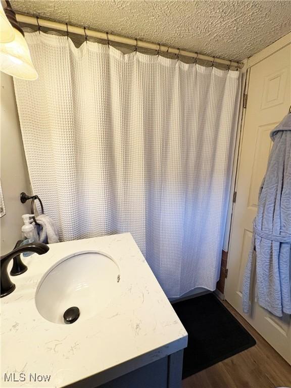 1324 N 4th St, Toronto, OH 43964 - full bath with vanity, wood finished floors, a textured ceiling, and a shower with shower curtain