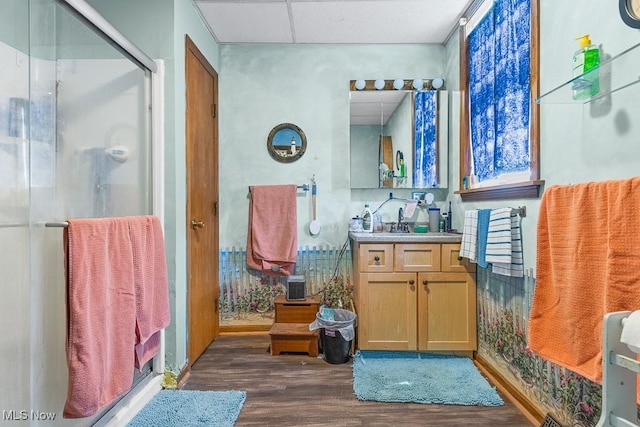 5869 Beechwood Ave, Alliance, OH 44601 - bathroom featuring wood finished floors, vanity, and a shower stall