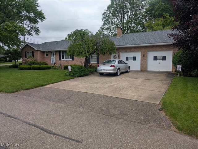 115 SW Spring St, Gnadenhutten, OH 44629 - single story home featuring brick siding, a garage, a front yard, and a chimney