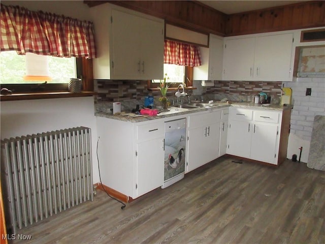 163 N Chestnut St, Linesville, PA 16424 - kitchen with radiator, a sink, backsplash, and healthy amount of natural light