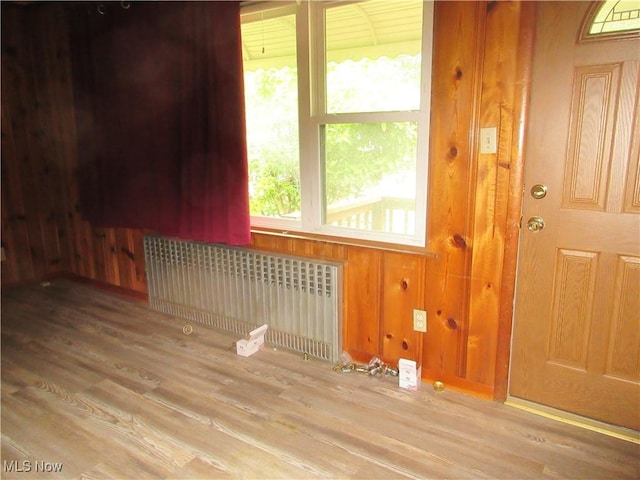163 N Chestnut St, Linesville, PA 16424 - empty room with radiator heating unit, wood finished floors, and wooden walls
