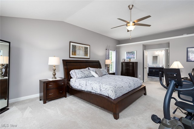 3413 Stillwood Blvd, Stow, OH 44224 - bedroom featuring light colored carpet, baseboards, lofted ceiling, ensuite bathroom, and ceiling fan