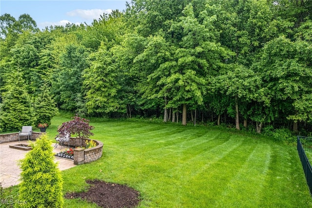 3413 Stillwood Blvd, Stow, OH 44224 - view of grassy yard with a patio, a fire pit, and a forest view