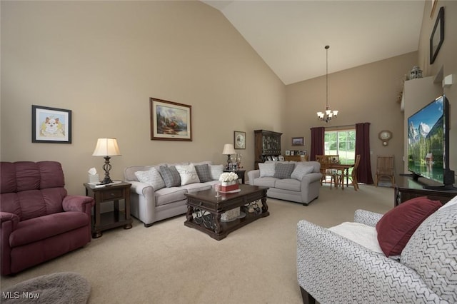 1441 Shaw Ave Unit A, Niles, OH 44446 - living room featuring carpet floors, high vaulted ceiling, and a chandelier