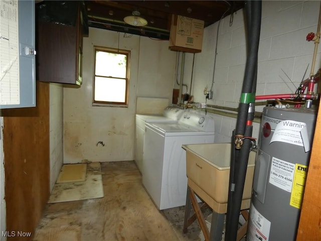52100 State Route 536, Hannibal, OH 43915 - washroom featuring water heater, washing machine and dryer, electric panel, and concrete block wall