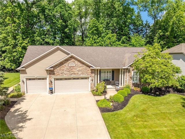 4953 Maclaren Ave NW, Massillon, OH 44646 - ranch-style house with a garage, a front lawn, concrete driveway, a porch, and a shingled roof