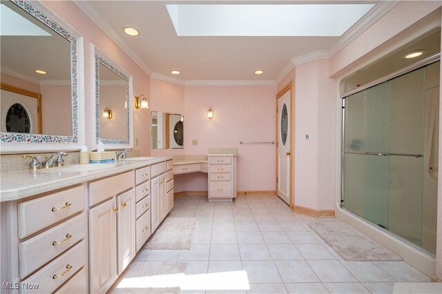 4219 Olde Charted Trl, Poland, OH 44514 - full bath with double vanity, ornamental molding, a stall shower, tile patterned floors, and recessed lighting