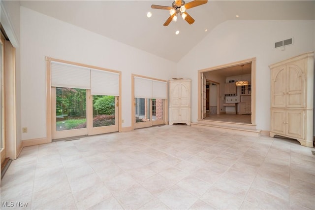 4219 Olde Charted Trl, Poland, OH 44514 - unfurnished living room with high vaulted ceiling, a ceiling fan, light tile patterned flooring, recessed lighting, and baseboards
