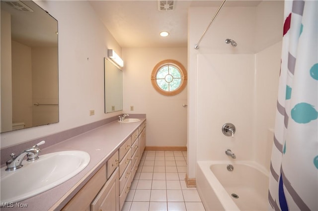4219 Olde Charted Trl, Poland, OH 44514 - bathroom with shower / bath combo with shower curtain, tile patterned floors, double vanity, baseboards, and recessed lighting