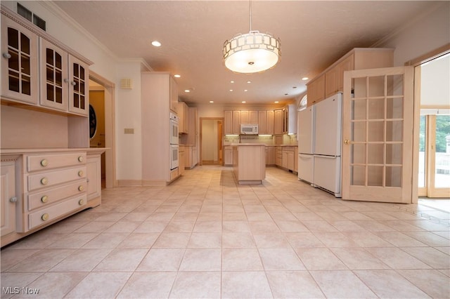 4219 Olde Charted Trl, Poland, OH 44514 - kitchen with white appliances, crown molding, glass insert cabinets, recessed lighting, and light tile patterned floors