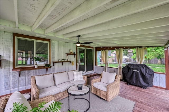 488 Spaulding Dr, Kent, OH 44240 - sunroom featuring an outdoor living space, ceiling fan, and beamed ceiling