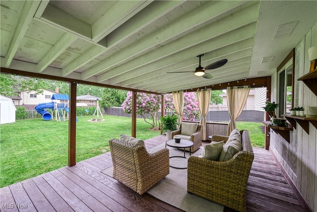 488 Spaulding Dr, Kent, OH 44240 - wooden terrace featuring a playground, an outdoor living space, and a ceiling fan