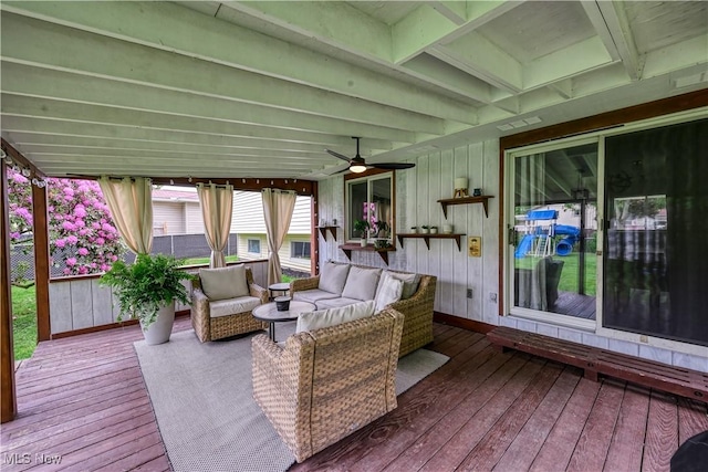 488 Spaulding Dr, Kent, OH 44240 - wooden deck with an outdoor hangout area and ceiling fan
