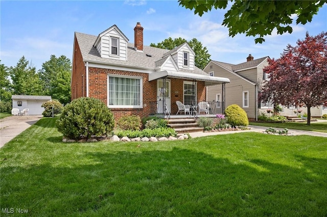 14300 Bidwell Ave, Cleveland, OH 44111 - cape cod home with covered porch, brick siding, a chimney, a front lawn, and a shingled roof