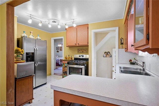 14300 Bidwell Ave, Cleveland, OH 44111 - kitchen featuring stainless steel appliances, a sink, a peninsula, light countertops, and light flooring