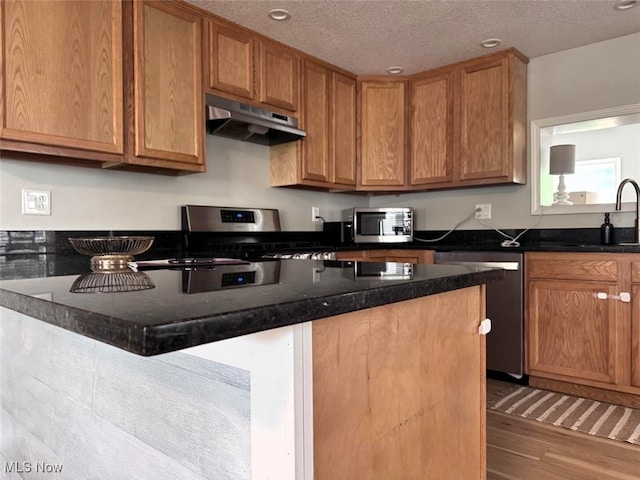 2187 State Route 550, Cutler, OH 45724 - kitchen with under cabinet range hood, stainless steel appliances, wood finished floors, dark stone counters, and recessed lighting