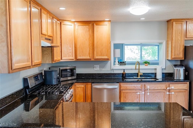 2187 State Route 550, Cutler, OH 45724 - kitchen with appliances with stainless steel finishes, under cabinet range hood, dark stone counters, and recessed lighting