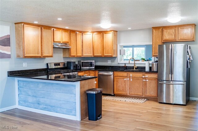 2187 State Route 550, Cutler, OH 45724 - kitchen featuring appliances with stainless steel finishes, under cabinet range hood, a peninsula, light wood-type flooring, and recessed lighting