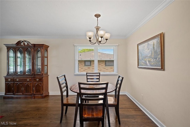 7278 Barton Hill Dr, Parma, OH 44129 - dining space featuring a chandelier, dark wood-type flooring, baseboards, and ornamental molding
