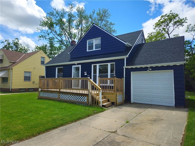 5200 Catherine St, Maple Heights, OH 44137 - view of front of home with a shingled roof, concrete driveway, a garage, a front yard, and a wooden deck