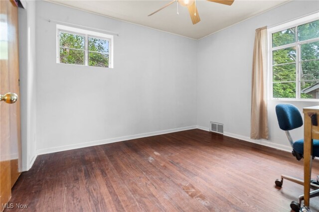 6123 Wilson Mills Rd, Highland Heights, OH 44143 - unfurnished office with a ceiling fan, wood finished floors, healthy amount of natural light, and baseboards