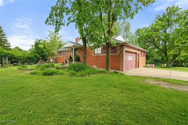 6123 Wilson Mills Rd, Highland Heights, OH 44143 - view of front of home featuring brick siding, driveway, a front yard, an attached garage, and a chimney