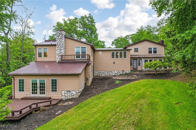2015 Dunzweiler Dr, Zanesville, OH 43701 - back of property featuring a chimney, french doors, a yard, and a deck