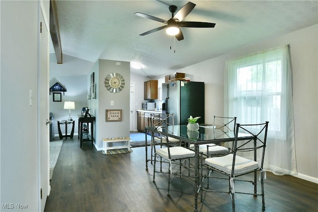 377 Henn Hyde Rd NE, Warren, OH 44484 - dining space with ceiling fan, dark wood-type flooring, baseboards, and vaulted ceiling