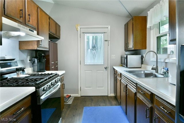 377 Henn Hyde Rd NE, Warren, OH 44484 - kitchen featuring appliances with stainless steel finishes, under cabinet range hood, light countertops, dark wood-style floors, and a sink