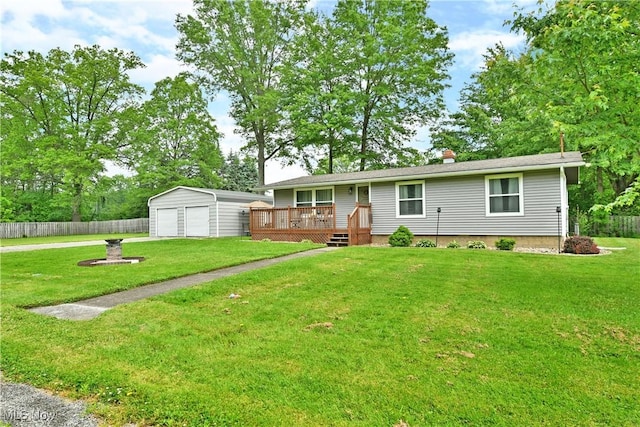 377 Henn Hyde Rd NE, Warren, OH 44484 - ranch-style home featuring an outdoor structure, a deck, a detached garage, driveway, and a chimney