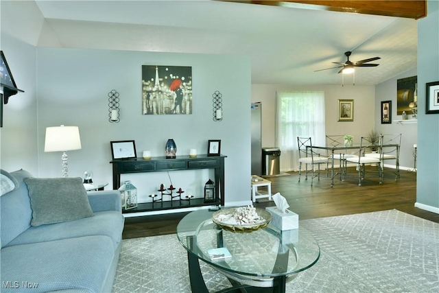 377 Henn Hyde Rd NE, Warren, OH 44484 - living room with wood finished floors, a ceiling fan, and baseboards