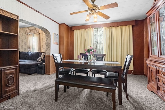 917 Park Ave SW, Canton, OH 44706 - dining area featuring carpet flooring, arched walkways, ornamental molding, a ceiling fan, and a wainscoted wall