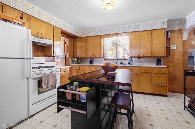 917 Park Ave SW, Canton, OH 44706 - kitchen featuring white appliances, light countertops, under cabinet range hood, brown cabinets, and light floors