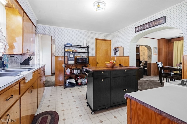 917 Park Ave SW, Canton, OH 44706 - kitchen featuring wallpapered walls, a wainscoted wall, arched walkways, a sink, and light flooring