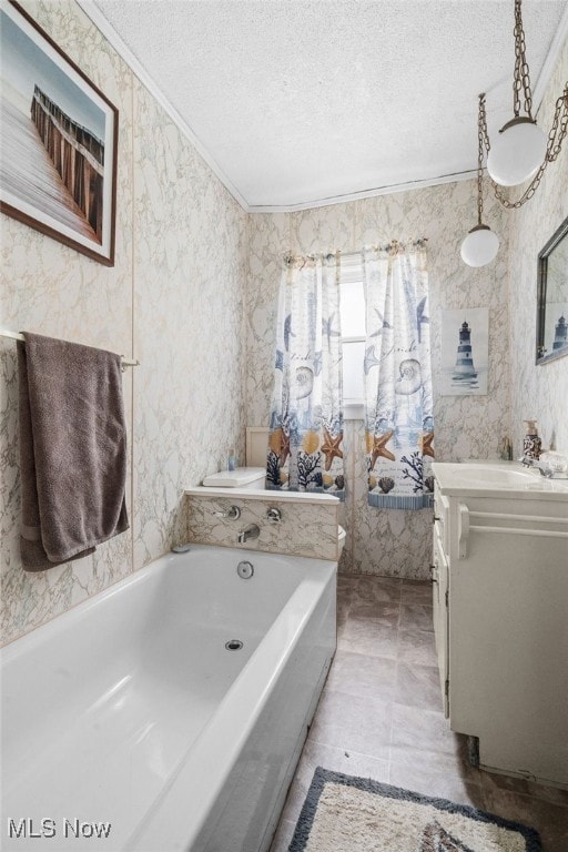 917 Park Ave SW, Canton, OH 44706 - full bathroom with vanity, a textured ceiling, a bath, wallpapered walls, and crown molding