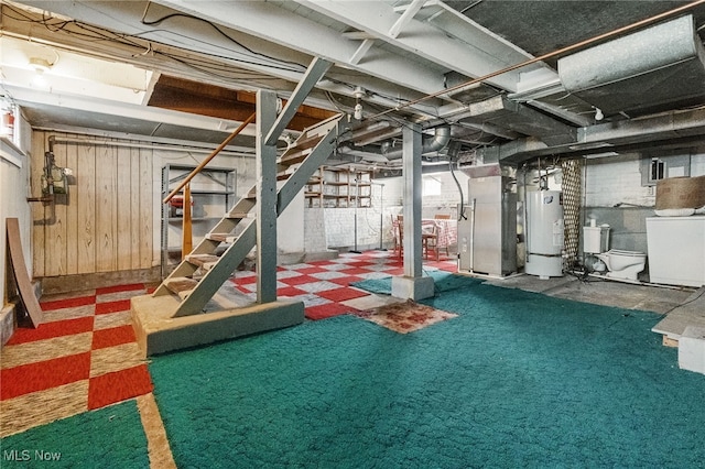 917 Park Ave SW, Canton, OH 44706 - basement featuring water heater, washer / clothes dryer, heating unit, and stairway