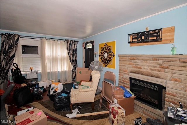 177 Sumner St, Oberlin, OH 44074 - living room featuring a fireplace and crown molding