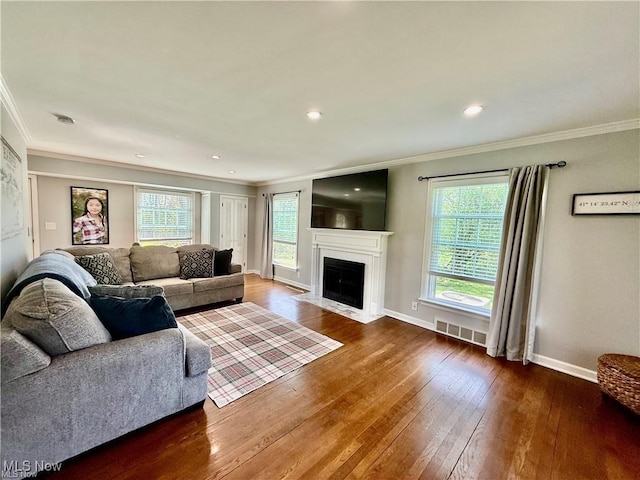 6911 Post Ln, Hudson, OH 44236 - living room with hardwood / wood-style floors, healthy amount of natural light, crown molding, baseboards, and recessed lighting