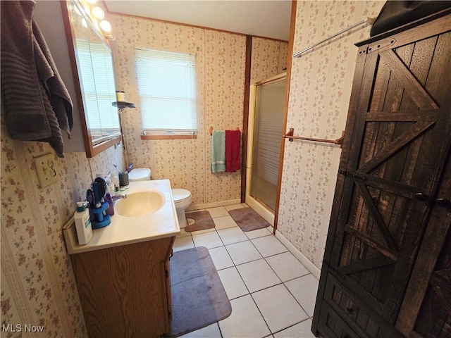 815 Denman Ave, Coshocton, OH 43812 - bathroom with wallpapered walls, toilet, tile patterned flooring, a stall shower, and vanity