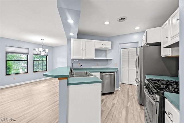 6465 Saint Andrews Dr Unit 6, Canfield, OH 44406 - kitchen with stainless steel appliances, a sink, a peninsula, white cabinets, and light wood-style floors