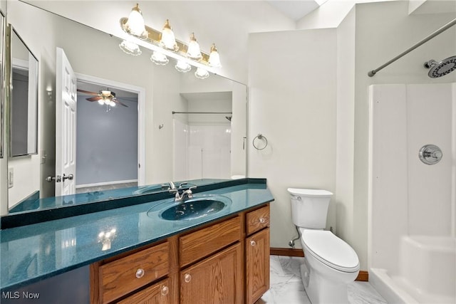 6465 Saint Andrews Dr Unit 6, Canfield, OH 44406 - full bath featuring marble finish flooring, a shower, ceiling fan, toilet, and vanity