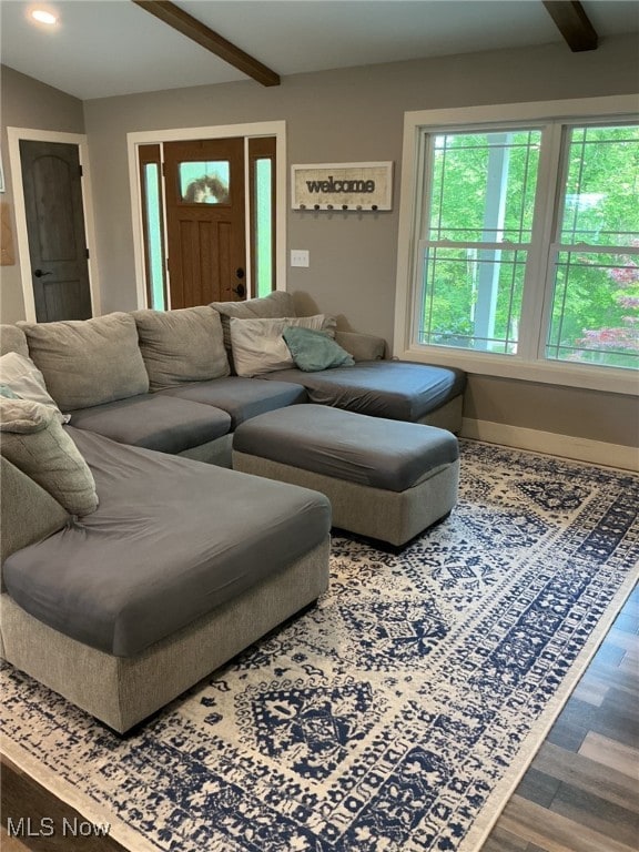 7030 Jones Rd, Nashport, OH 43830 - living room featuring beam ceiling, wood finished floors, baseboards, and recessed lighting