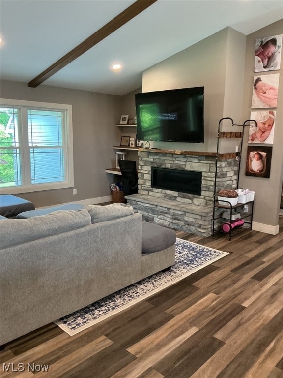 7030 Jones Rd, Nashport, OH 43830 - living area featuring baseboards, a fireplace, wood finished floors, beamed ceiling, and recessed lighting