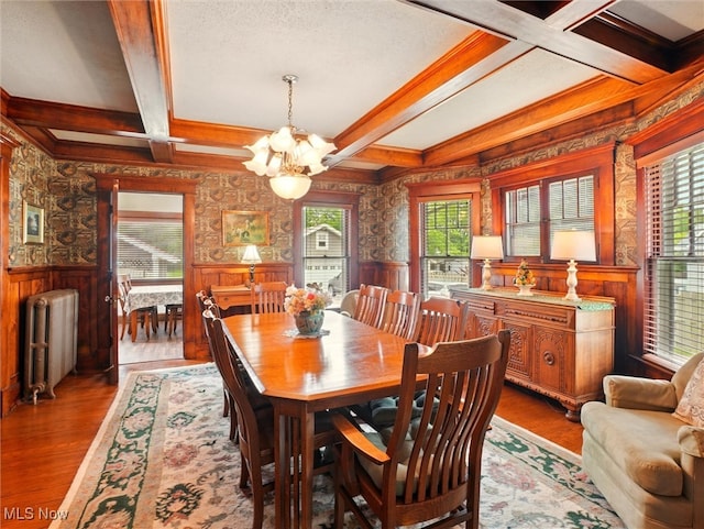 126 W Jefferson St, Jefferson, OH 44047 - dining area with radiator heating unit, a chandelier, a wainscoted wall, plenty of natural light, and beam ceiling