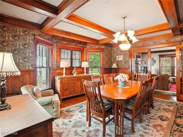 126 W Jefferson St, Jefferson, OH 44047 - dining room with a wainscoted wall, a chandelier, coffered ceiling, light wood finished floors, and beam ceiling