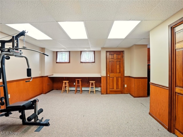 126 W Jefferson St, Jefferson, OH 44047 - workout area with a wainscoted wall, baseboard heating, carpet, a drop ceiling, and wood walls