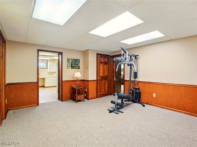 126 W Jefferson St, Jefferson, OH 44047 - exercise area with a wainscoted wall, wood walls, carpet floors, and a paneled ceiling