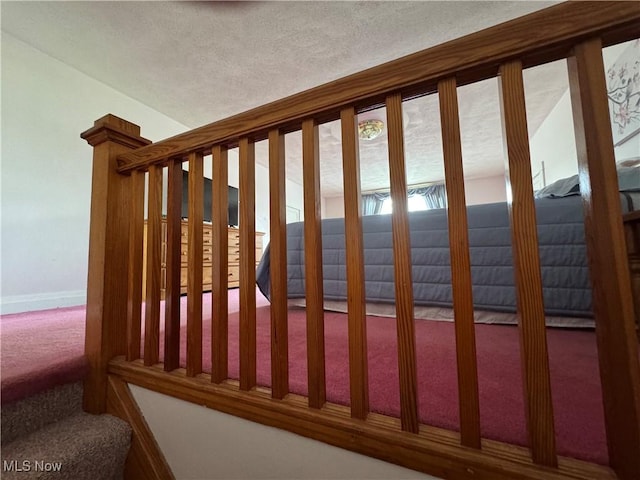 71322 Sharon Rd, Bridgeport, OH 43912 - staircase with carpet floors, baseboards, and a textured ceiling