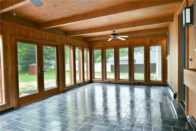 8848 King Graves Rd NE, Warren, OH 44484 - unfurnished sunroom with french doors, wood walls, baseboard heating, and wood ceiling with exposed beams